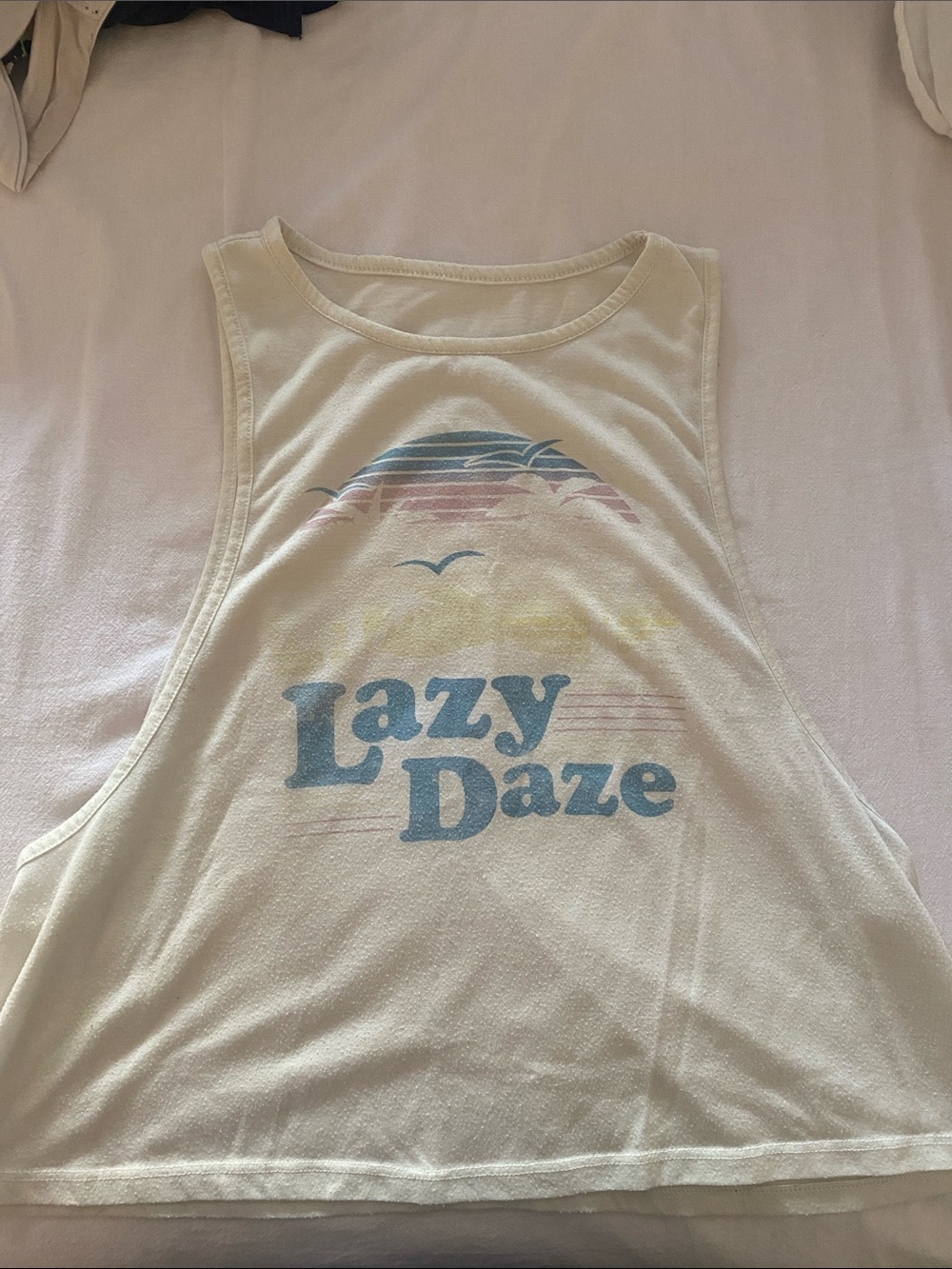 Vintage light yellow tank Top with Blue & Pastel Lazy Daze Graphic